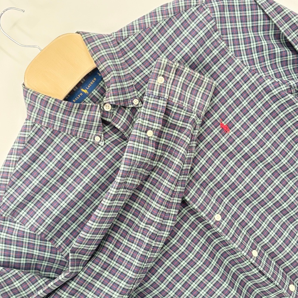 Ralph Lauren Mens Plaid Button Down Shirt Green Navy Cotton Long Sleeve 180/100A